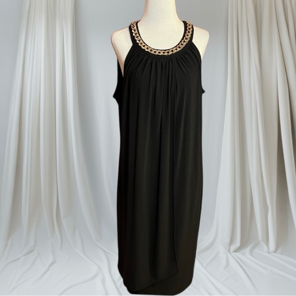 Lennie for Nina Leonard Black Halter Dress Size XL with Gold Color Chain Accent